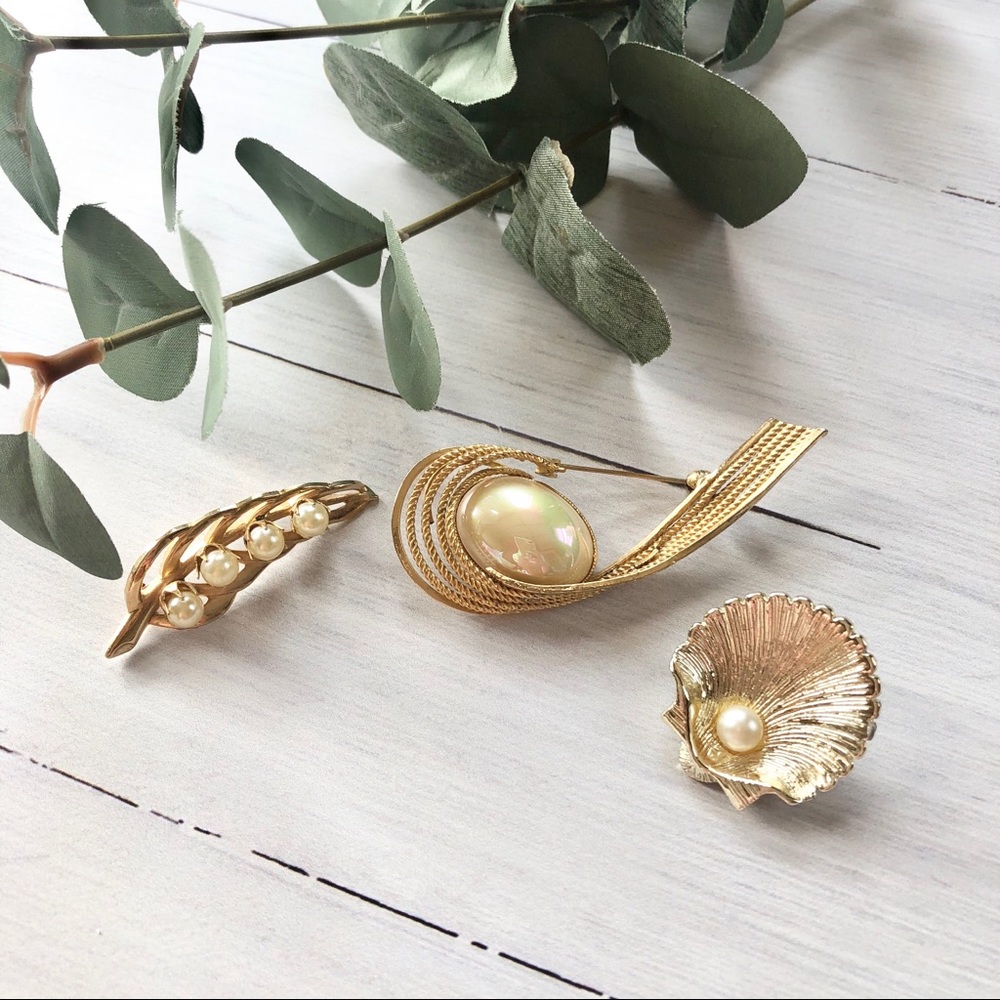 Trio of Golden Pearl Fashion Dress Pins Brooches